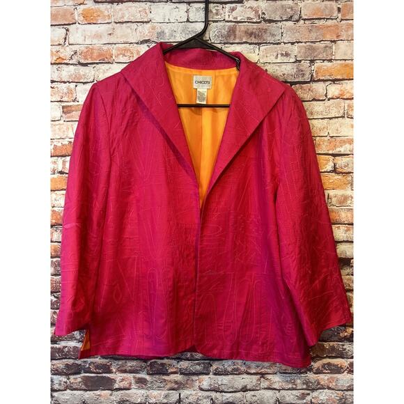 Chico’s Embroidered Topper Jacket blazer lined 100% Silk chico's Pink 1 (medium) - Picture 1 of 5